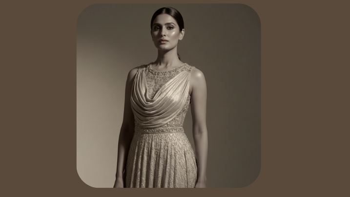 Gala dress design featuring luxury fabric and modern cut neckline in champagne color with elegant styling