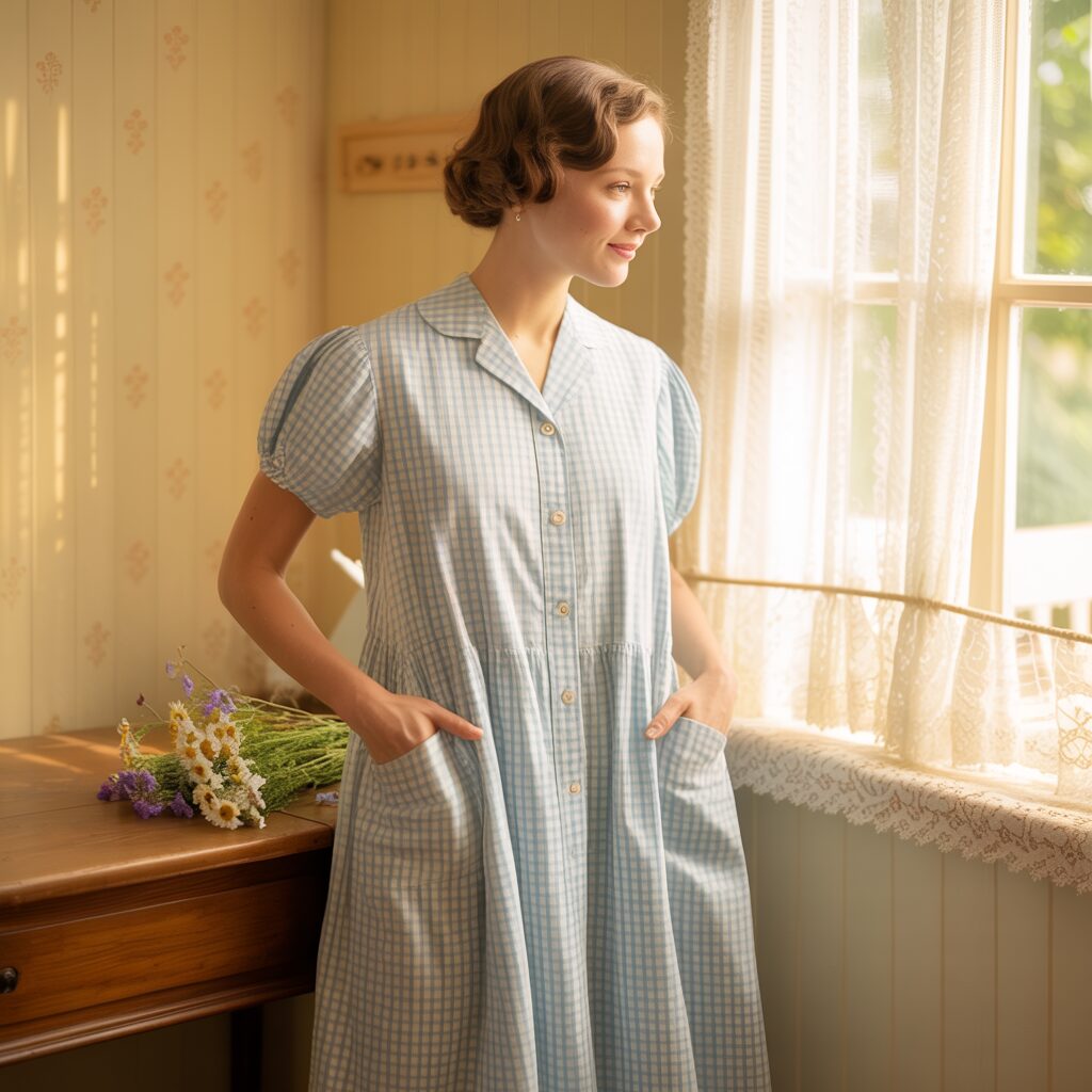 1920s house dress with simple gingham and floral prints representing everyday women’s fashion