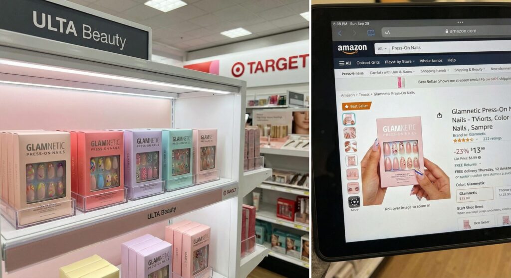 Glamnetic press on nails displayed in a retail store setting with prominent retailers.