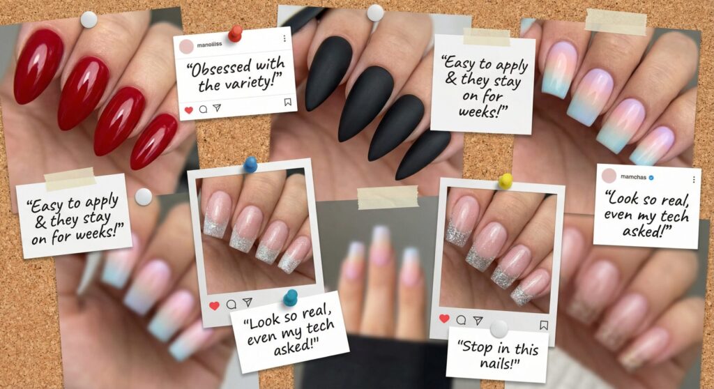 Collage of customer reviews for Glamnetic press on nails with designs