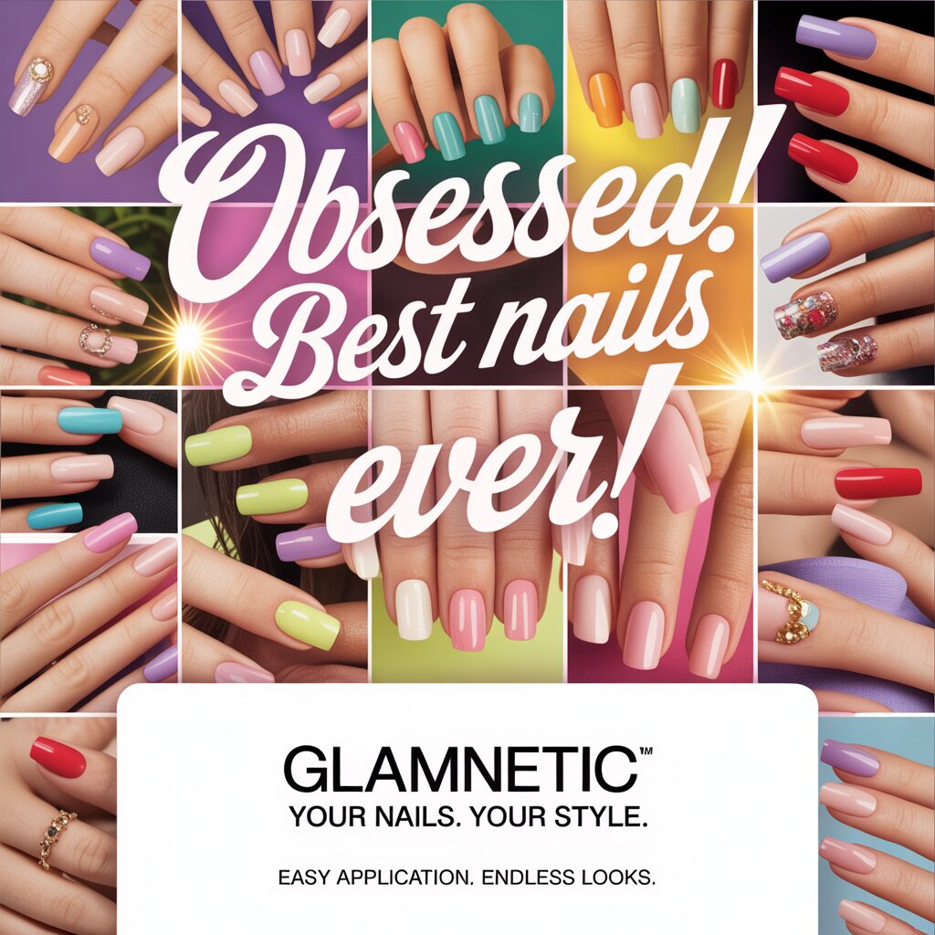 Collage of customer reviews for Glamnetic press on nails with designs displayed.