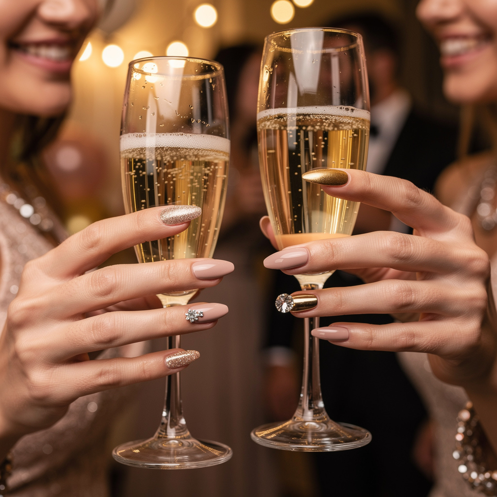 Glamnetic press on nails on a person's hands at a celebration, showing elegance.