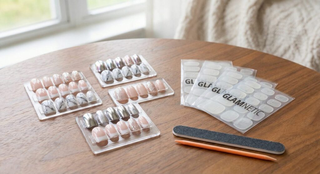A variety of Glamnetic press on nails designs displayed on a table with accessories.