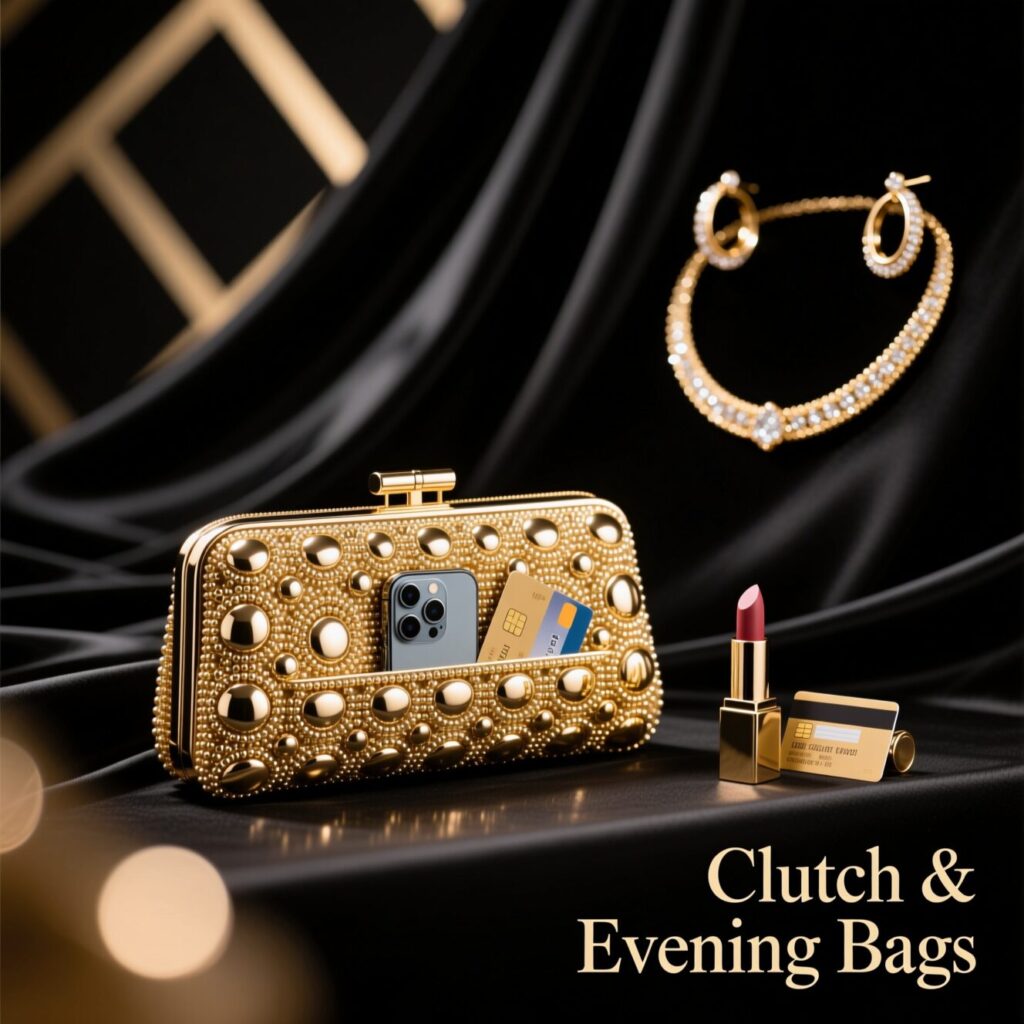 Gold clutch evening bag matched with jewelry for a polished formal look