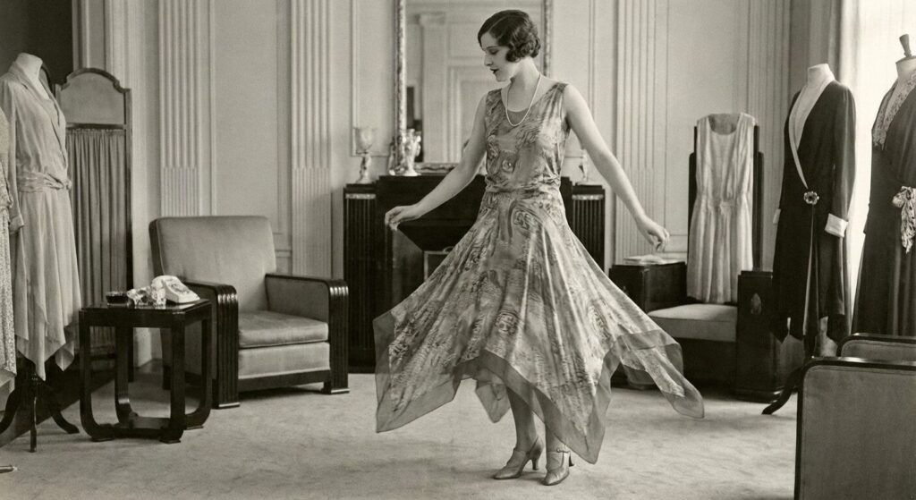 Handkerchief hemline design showing movement through uneven dress lengths