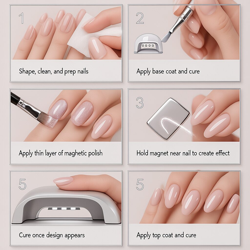 How to do cat eye nails step by step using magnetic nail polish infographic