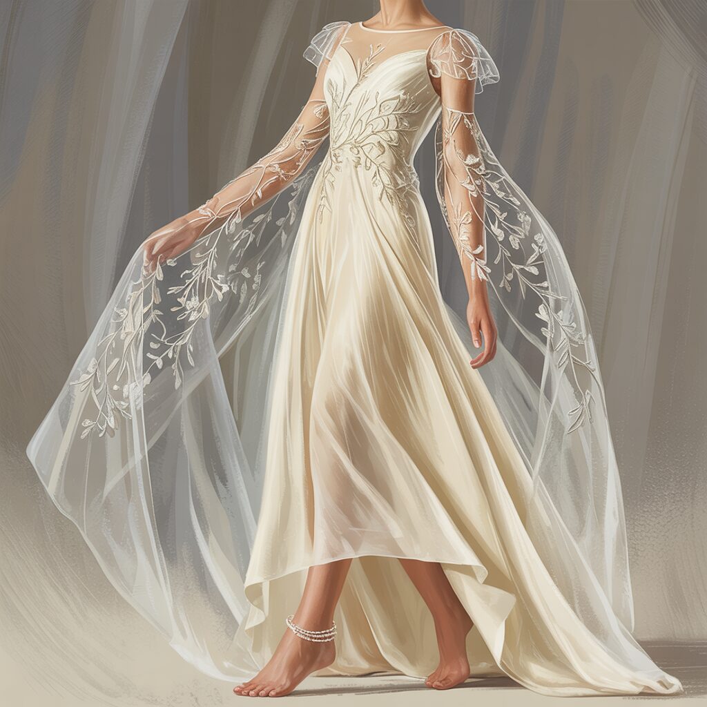Back view of mermaid wedding dress with sheer illusion sleeves and lace detailing