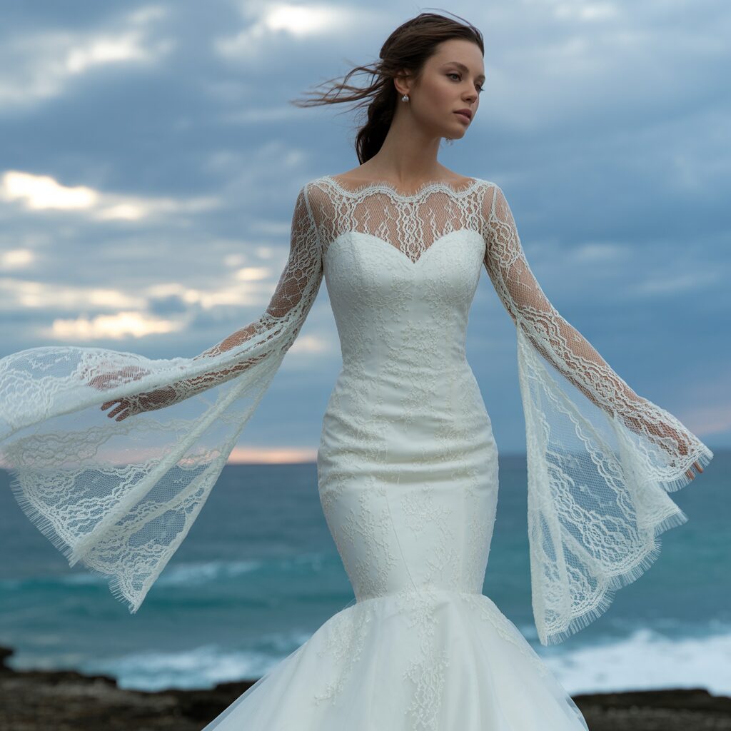 Mermaid wedding dress with lace sleeves and romantic detailing