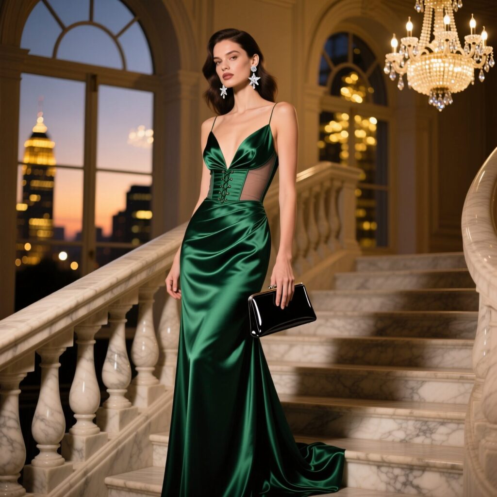 Elegant jewel tone evening gown styled with accessories for a formal gala