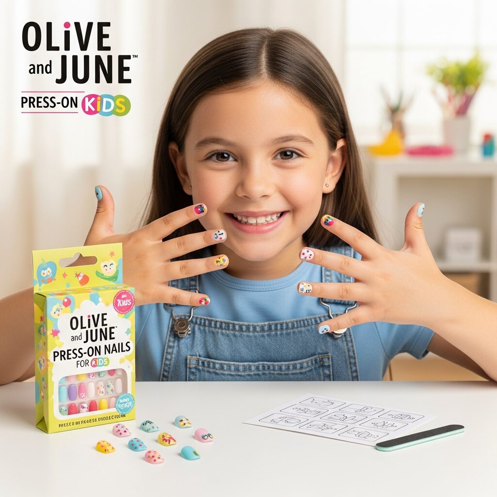 Fun and safe Olive and June press-on nail set designed for kids, perfect for playdates or special occasions