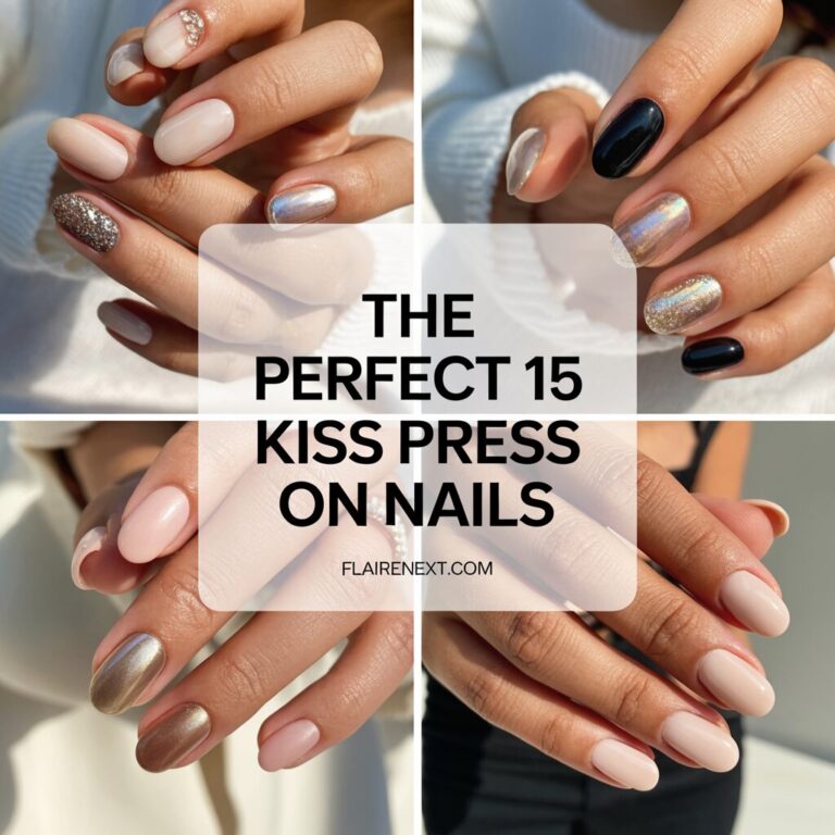 Close-up of hands with Kiss press-on French tip nails applied.