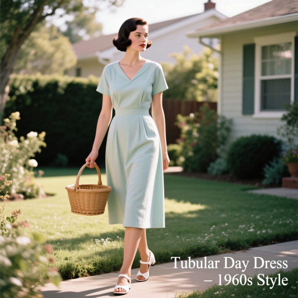 Knee-length tubular day dress with straight loose fit and dropped waistline from the 1920s