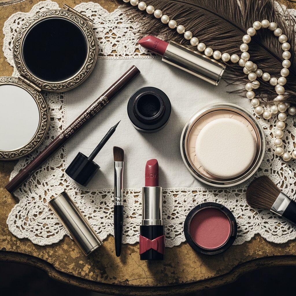 Kohl-rimmed eyes creating a bold and dramatic look in 1920s women’s makeup fashion