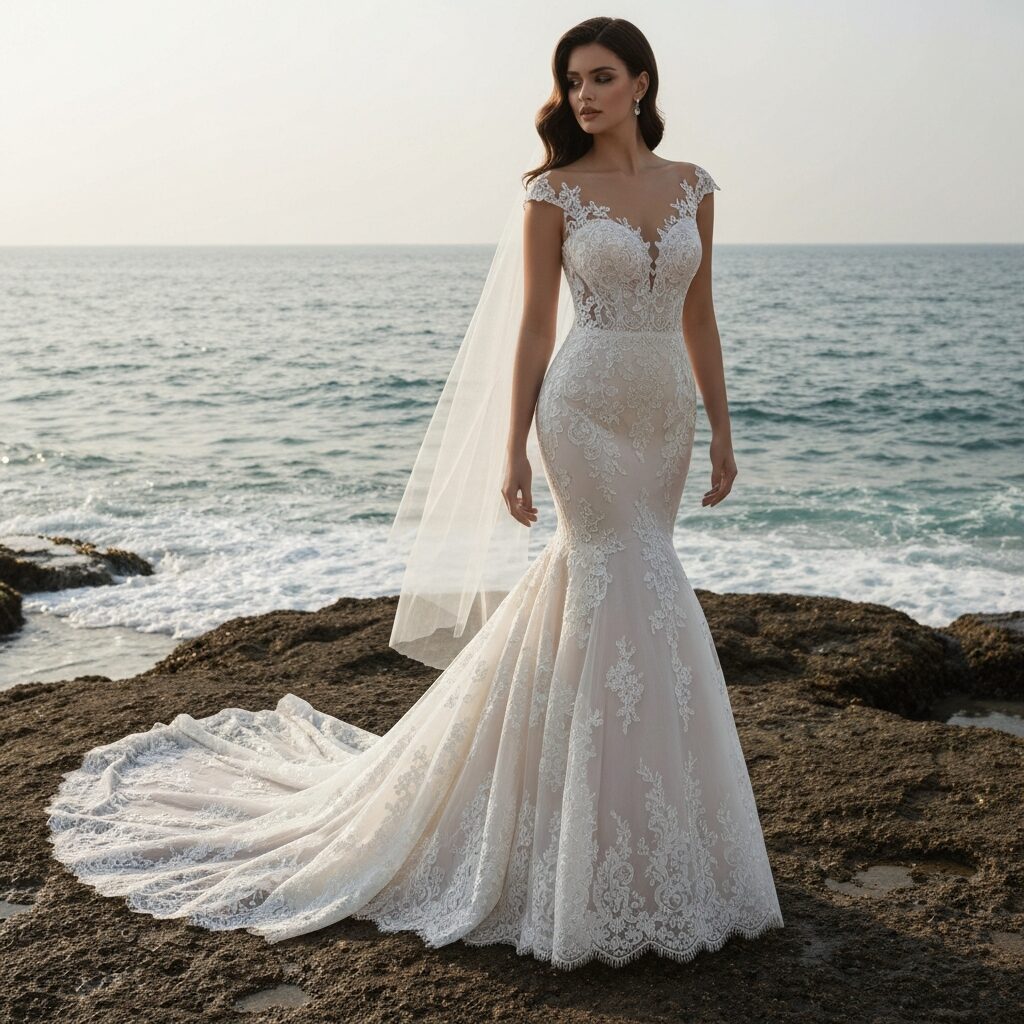 Lace mermaid wedding dress with elegant long train