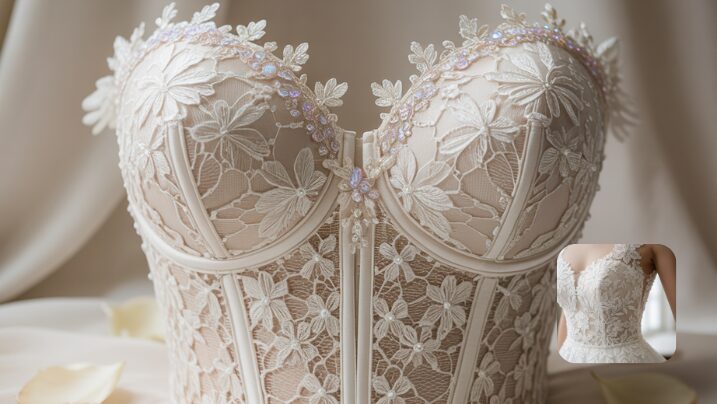 Detailed view of lace mermaid wedding dress bodice with floral patterns and beading