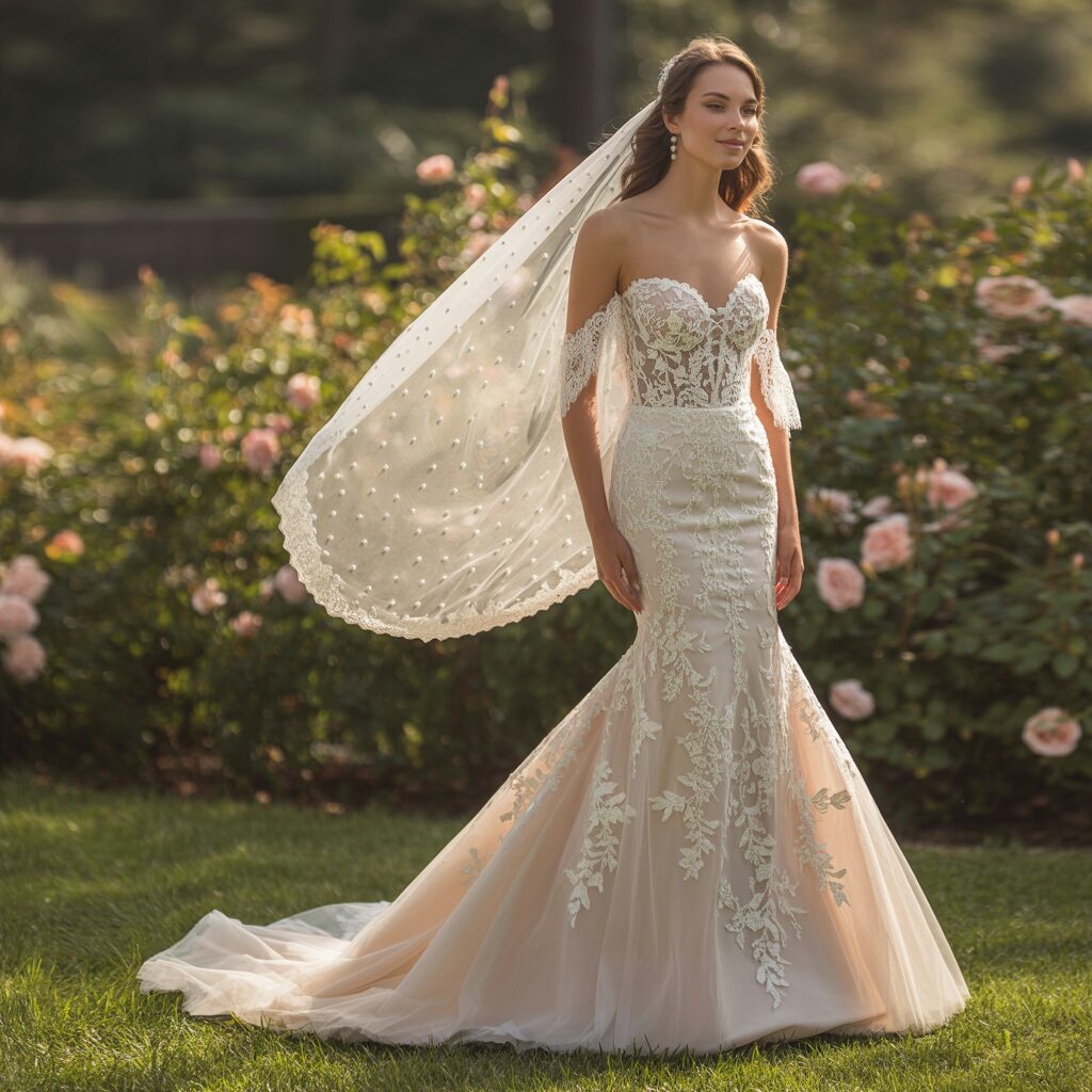 Close up of lace fabric and embroidery on mermaid wedding dress