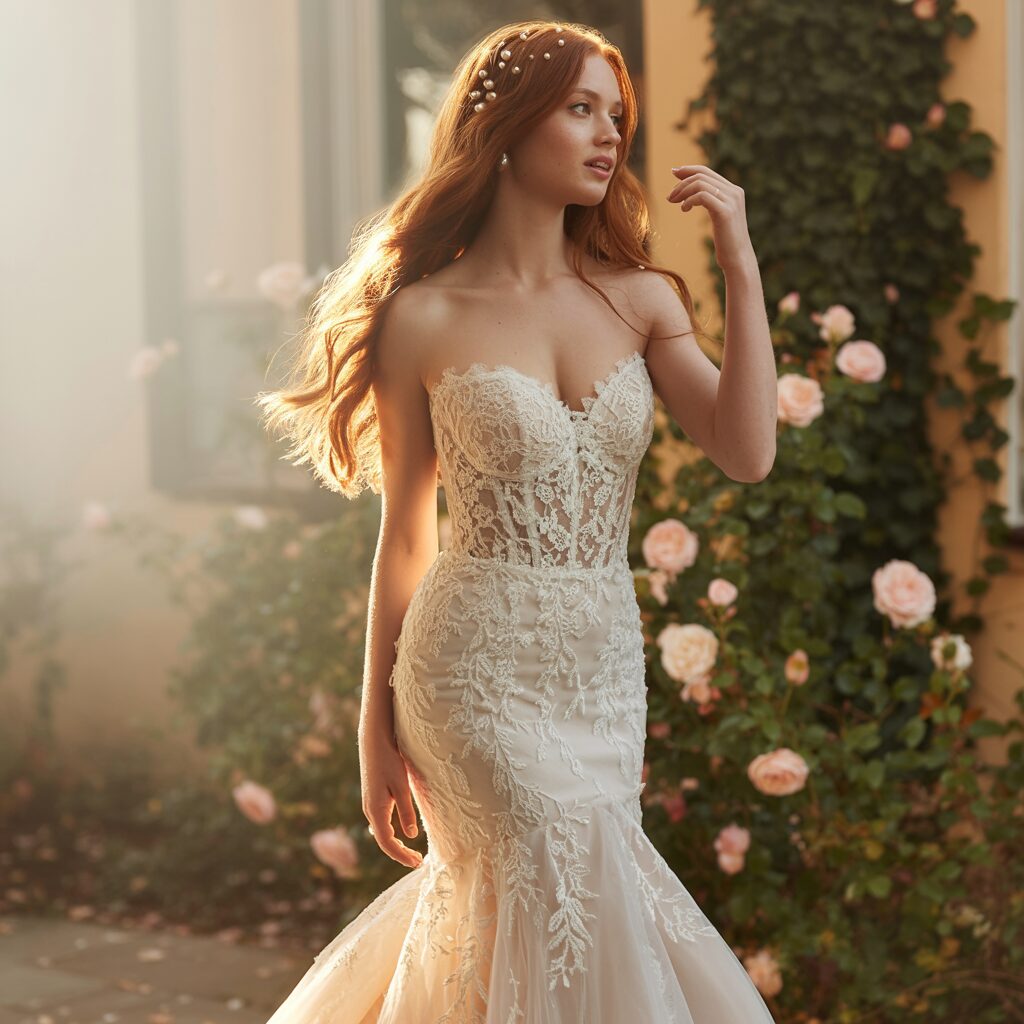 Modern bride wearing lace mermaid wedding dress