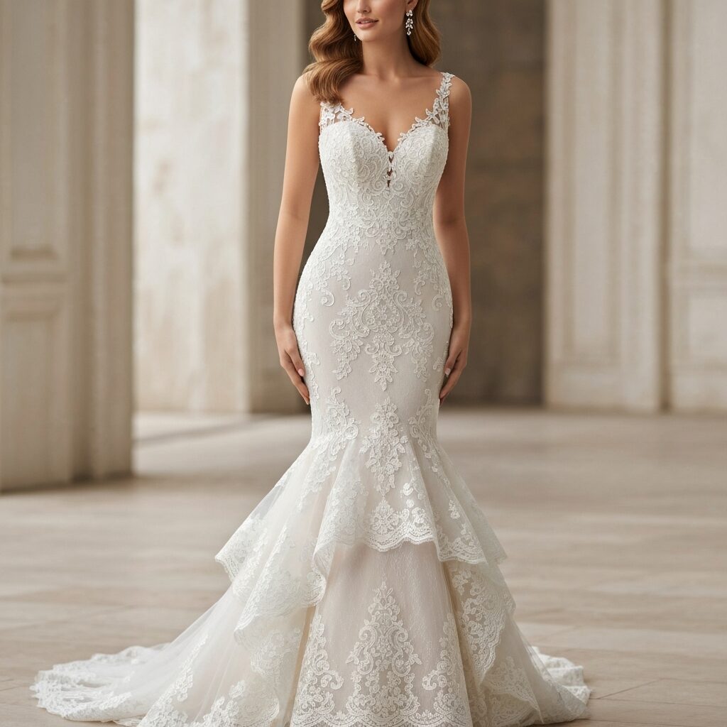 Back view of lace mermaid wedding dress with detailed lace design