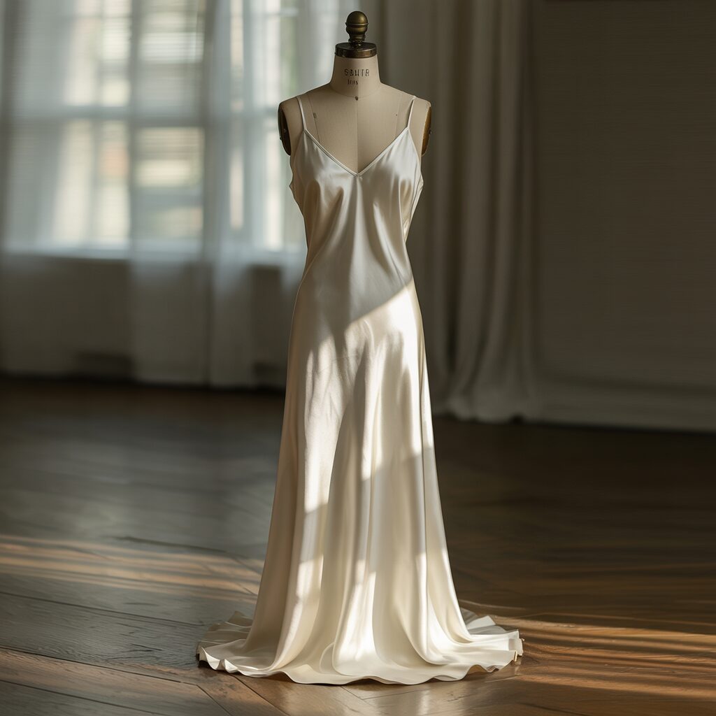 Late 1920s bias-cut slip dress with simple elegant silhouette, representing understated glamour