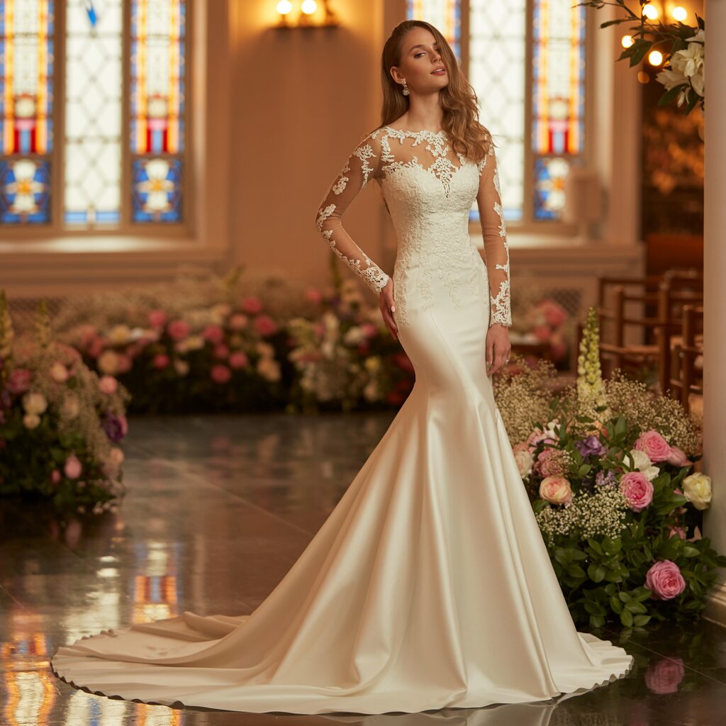 Front view of long sleeve mermaid wedding dress with elegant fitted silhouette