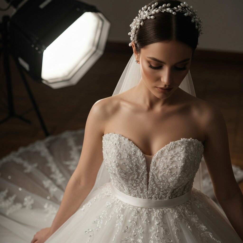 Side view of long sleeve mermaid wedding dress creating sophisticated bridal look