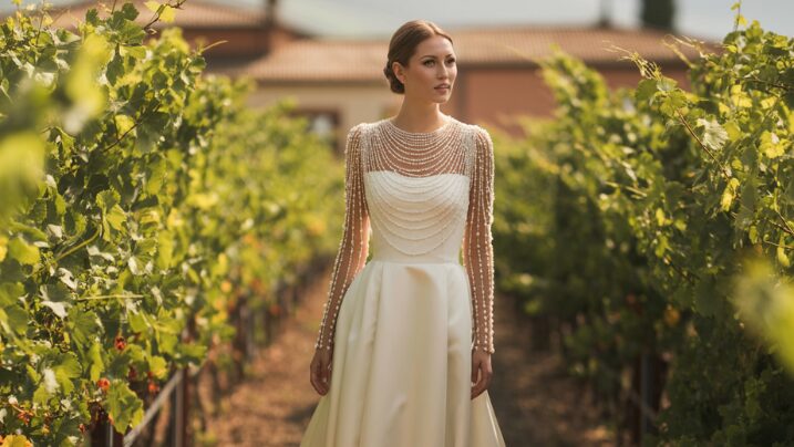 Elegant long sleeve wedding dress with lace details on bride in garden setting