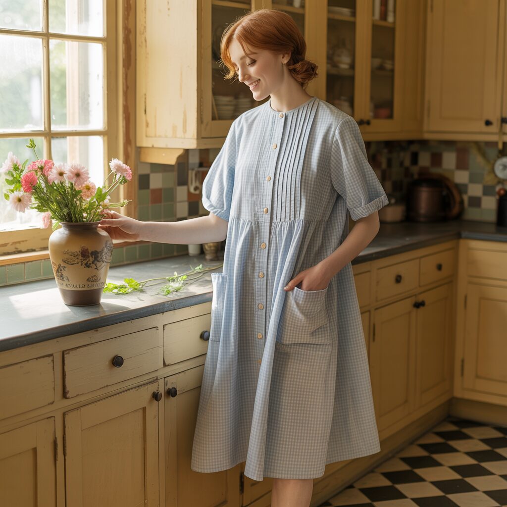 Loose fit 1920s house dress made from cotton or linen for comfort and practicality at home