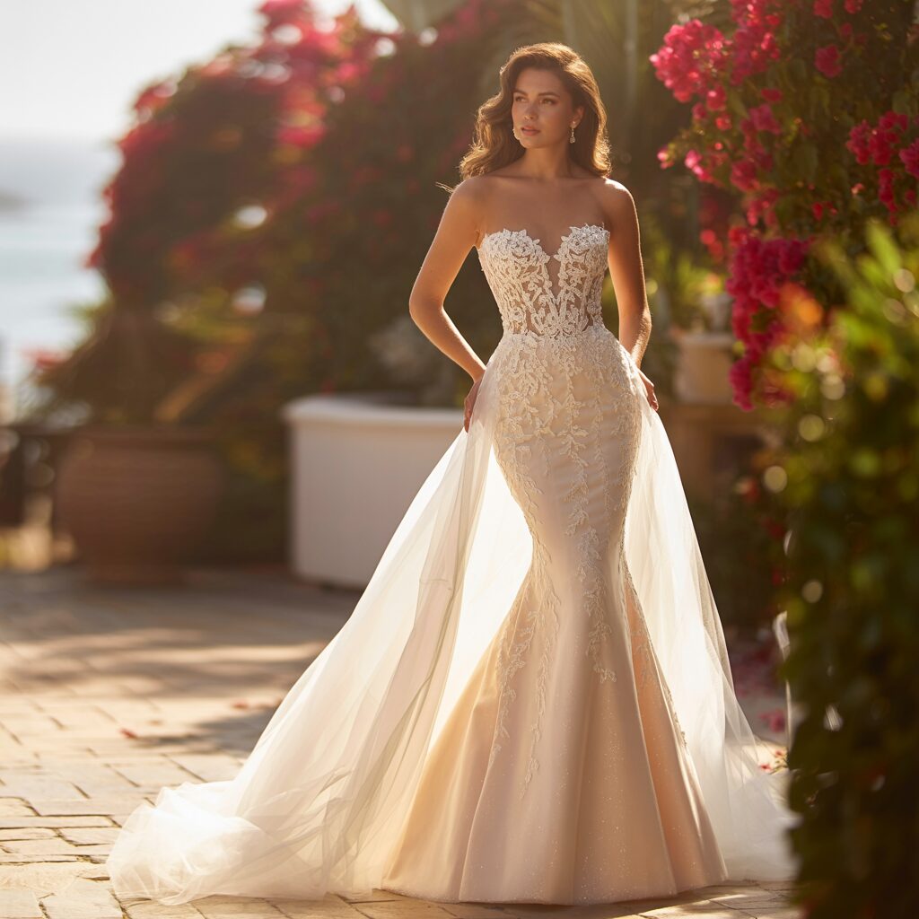 Mermaid wedding dress with removable skirt for comfortable reception dancing