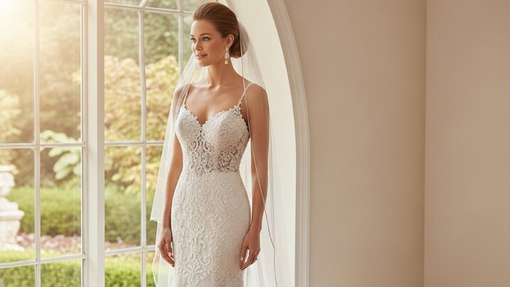 Bride wearing white lace mermaid wedding dress with long train and fitted silhouette