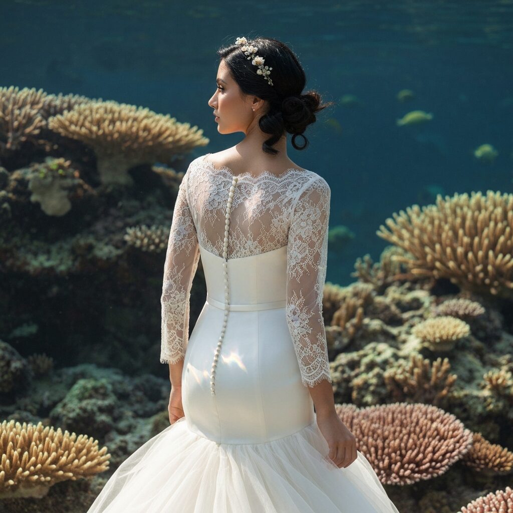 Back view of mermaid wedding dress featuring sheer lace sleeves for coverage