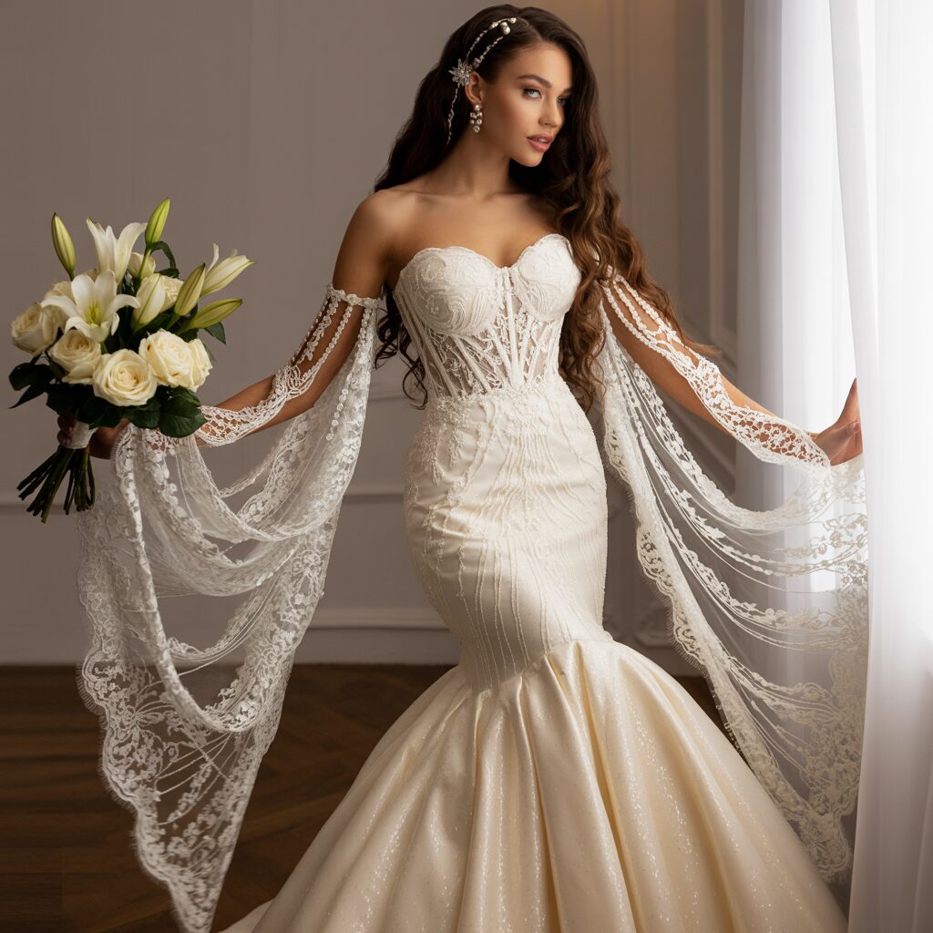 Side view of mermaid wedding dress with romantic lace sleeves