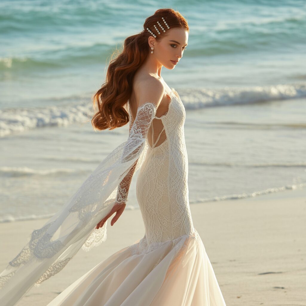 Front view of mermaid wedding dress with elegant lace sleeves and fitted silhouette