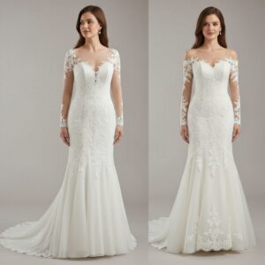 Elegant mermaid wedding dress with sleeves and fitted full length silhouette