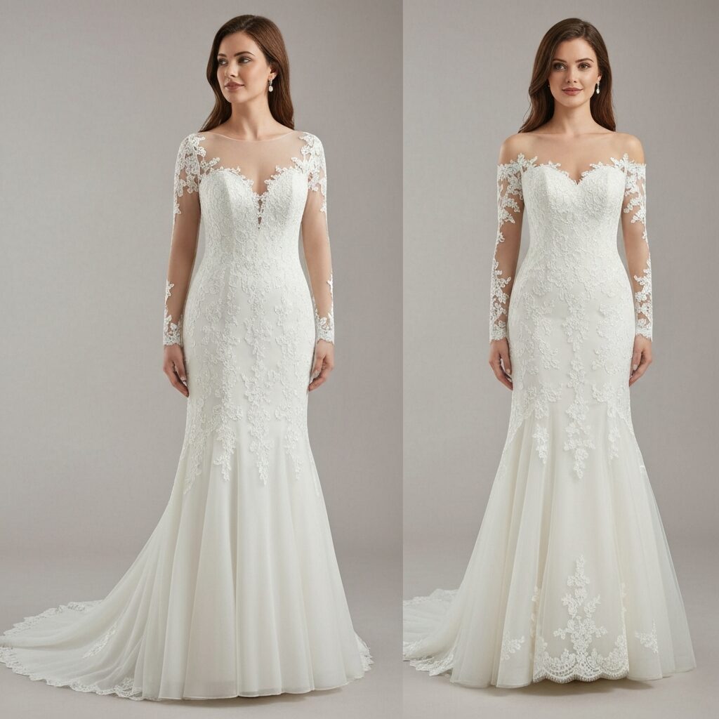 Elegant mermaid wedding dress with sleeves and fitted full length silhouette