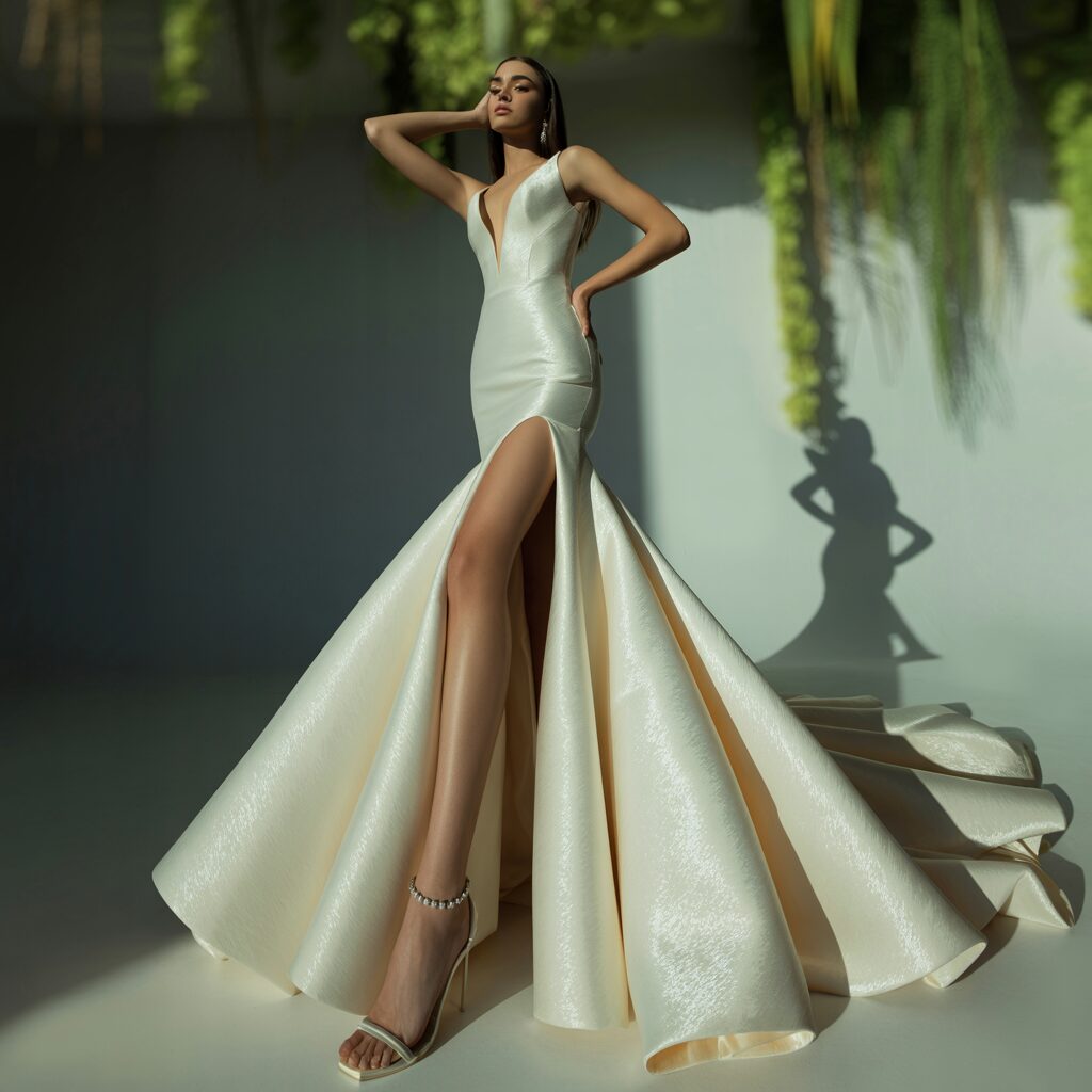 Front view of mermaid wedding dress with thigh-high slit for modern elegance