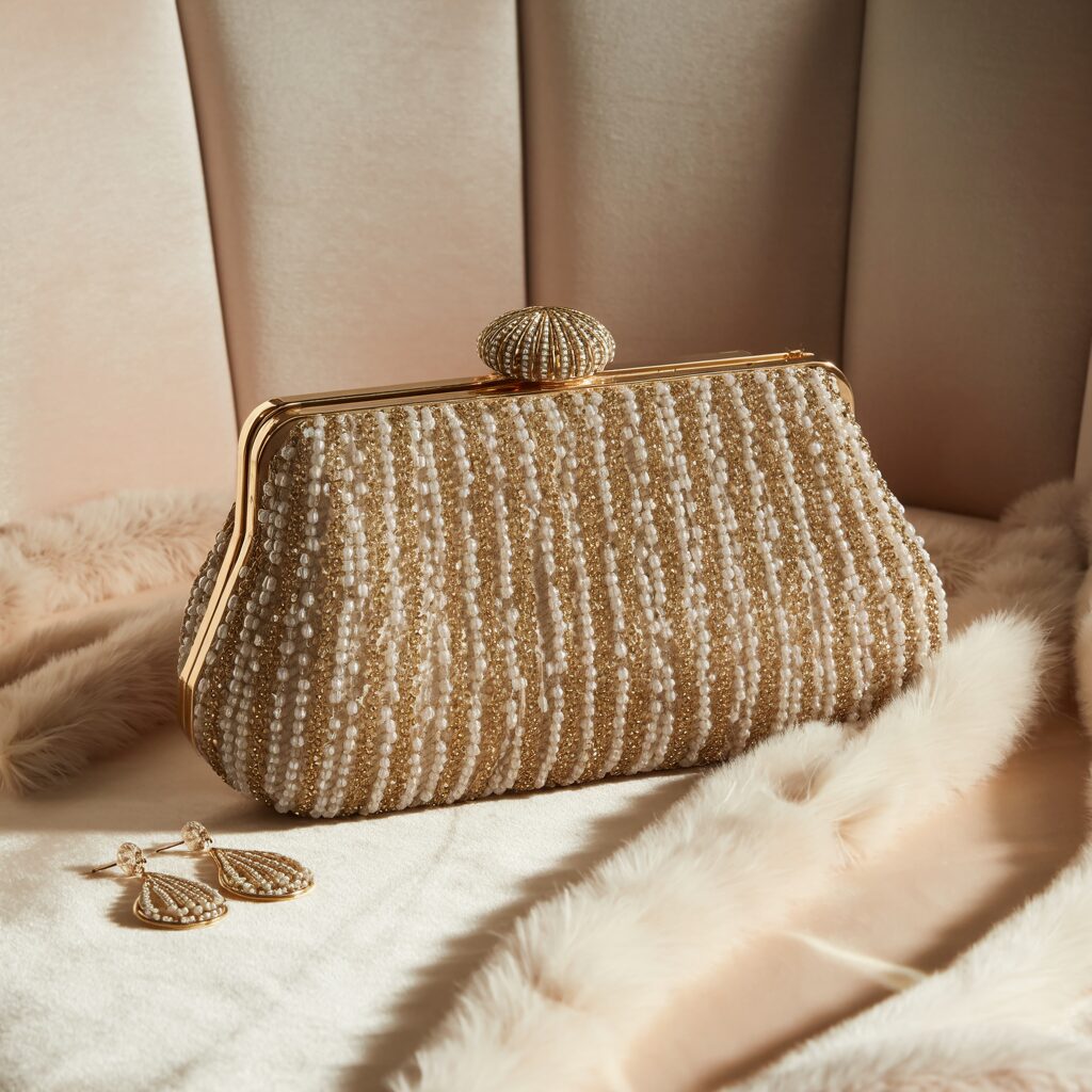 Metallic evening clutch bag holding essentials for a gala event