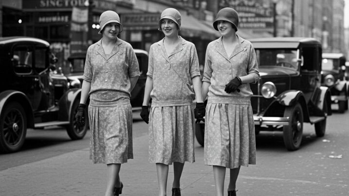 Women wearing middy style tops and pleated knee-length skirts in 1920s Chicago street fashion