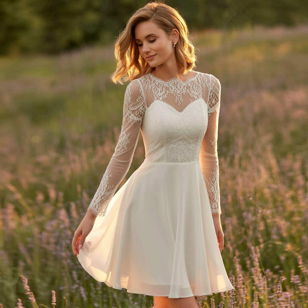 Chic short long sleeve wedding gown perfect for casual and contemporary brides