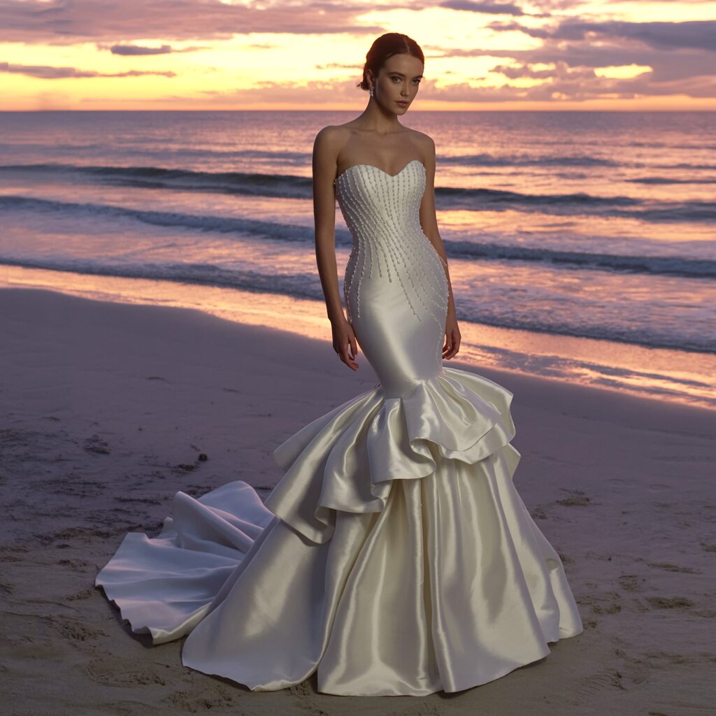 Modern bride wearing strapless mermaid wedding dress