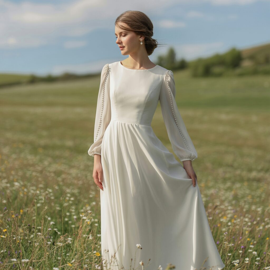 Elegant modest long sleeve wedding dress designed for full coverage and a graceful bridal look