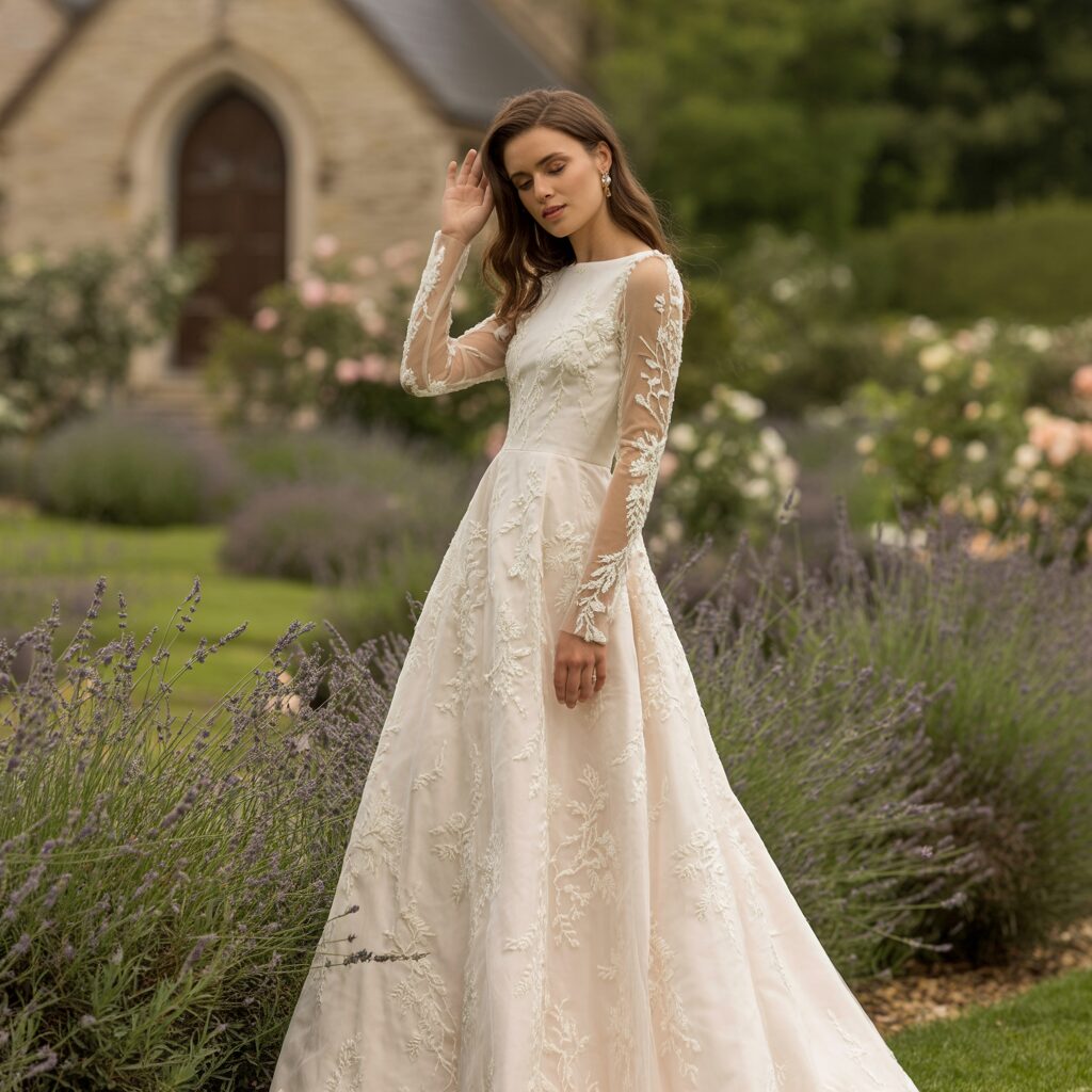 Modest sleeved bridal gown suitable for religious wedding ceremonies while maintaining elegant style