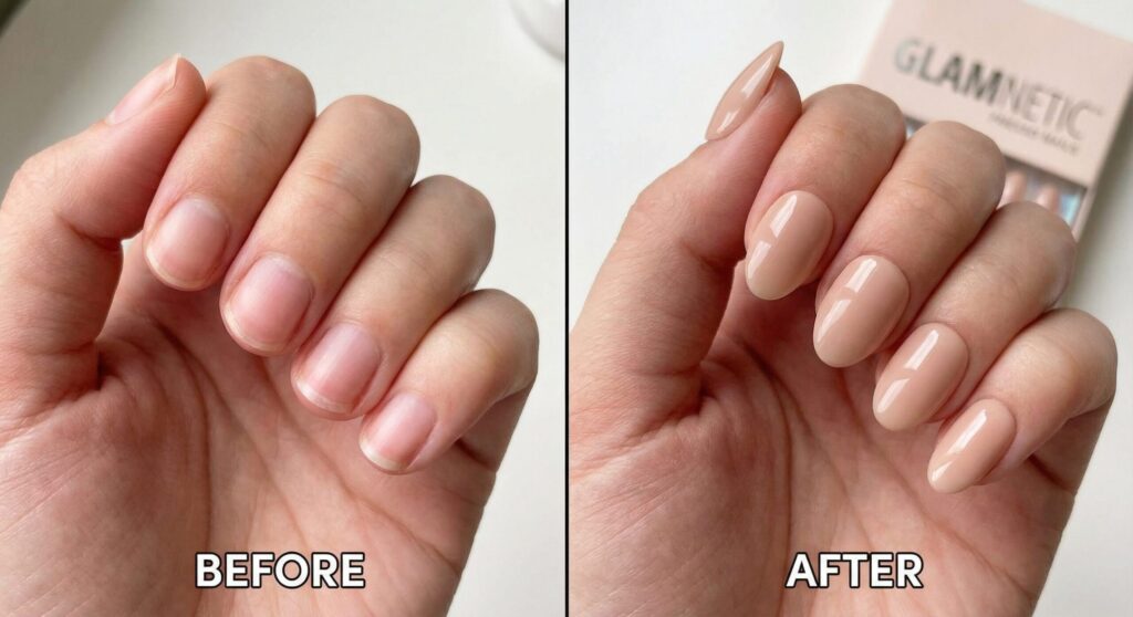 A comparison of natural nails before and after applying Glamnetic press on nails, showing no damage.