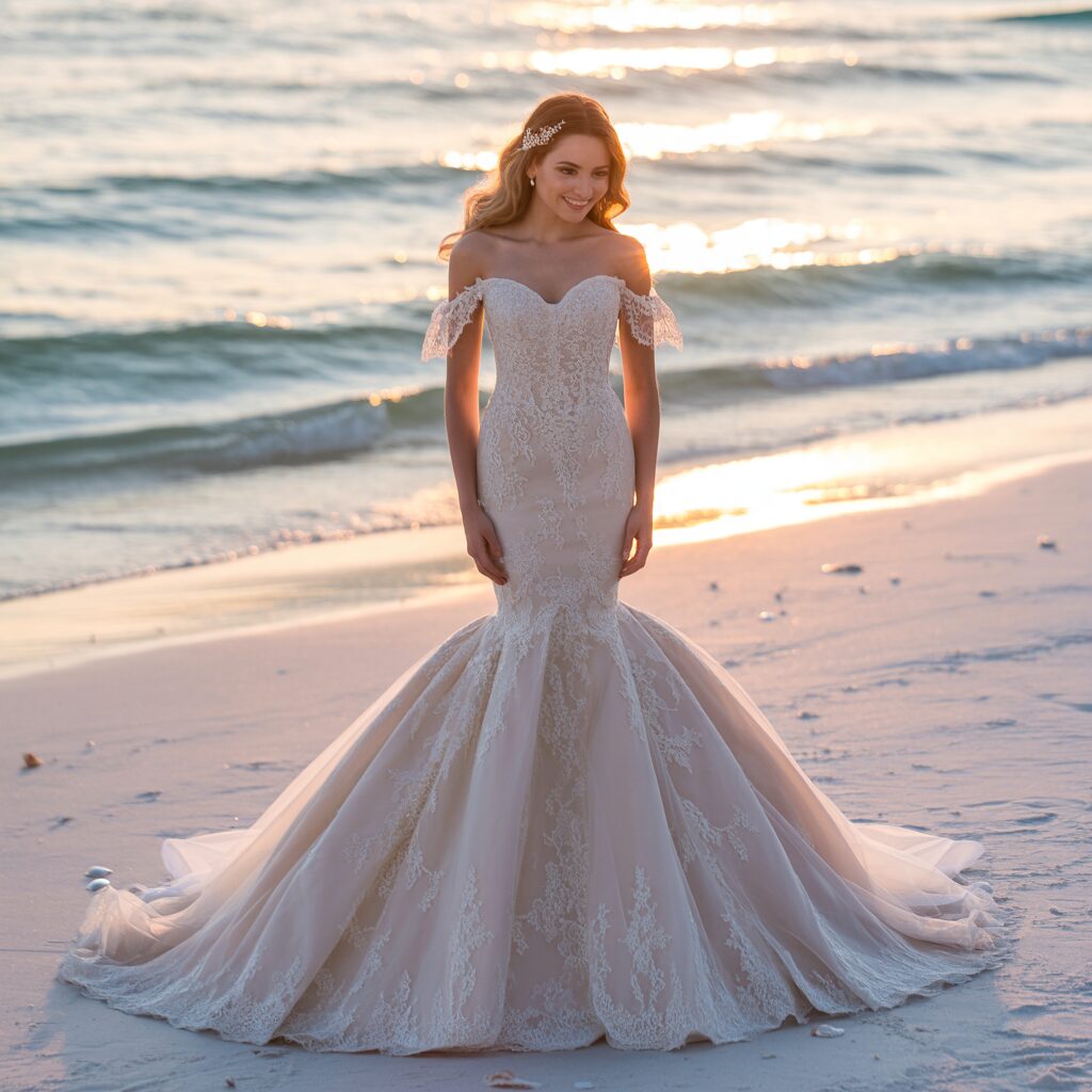 Front view of off shoulder mermaid wedding dress with romantic neckline