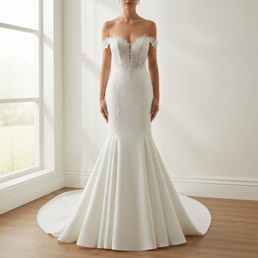 Back view of off shoulder mermaid wedding dress with sleek fitted design
