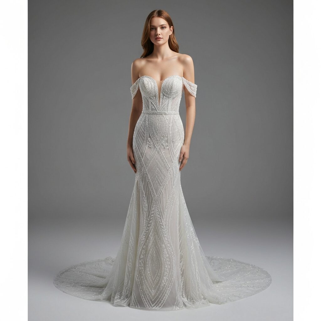 Elegant off shoulder mermaid wedding dress with fitted full length silhouette