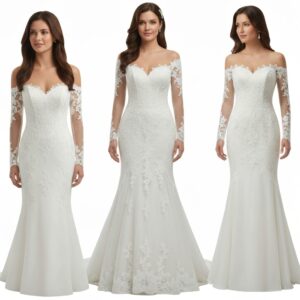 Mermaid wedding dress with three quarter sleeves and classic elegance