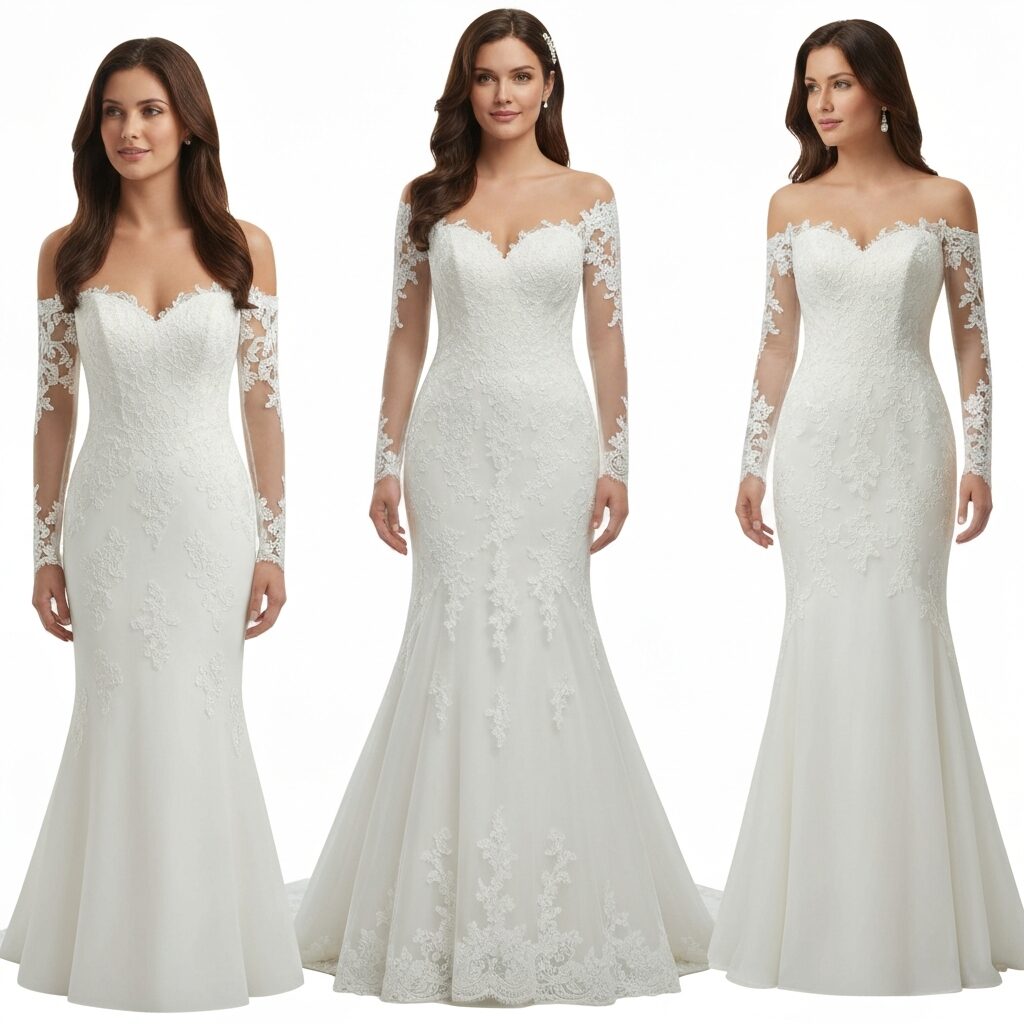 Mermaid wedding dress with three quarter sleeves and classic elegance