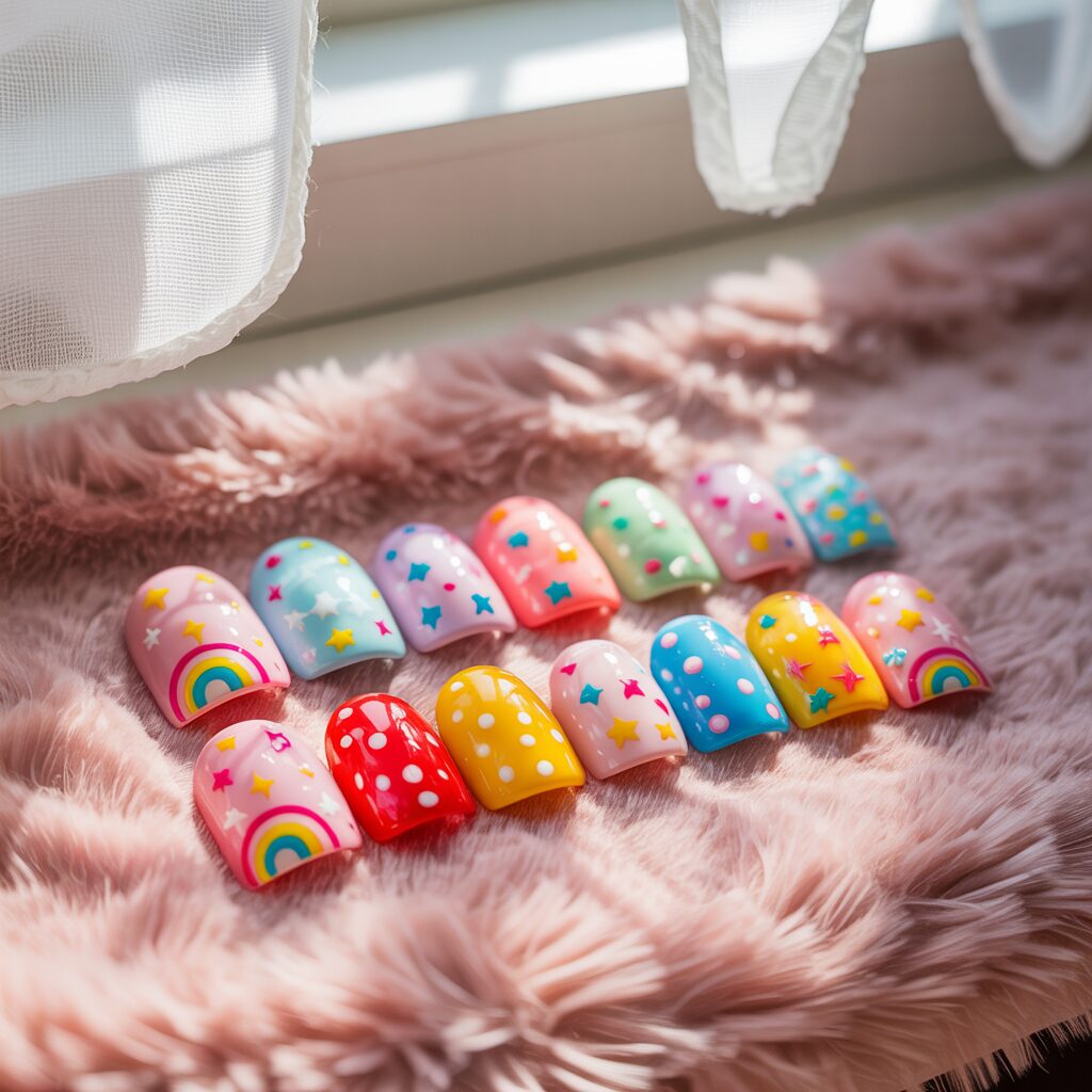 Colorful Olive and June press-on nails for kids, easy to apply and safe for young nails