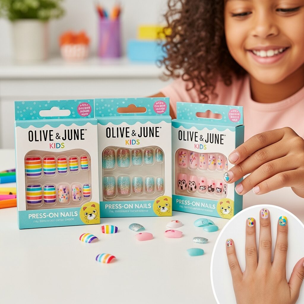 Mini Olive and June press-on nail sets for kids, with playful designs and simple removal