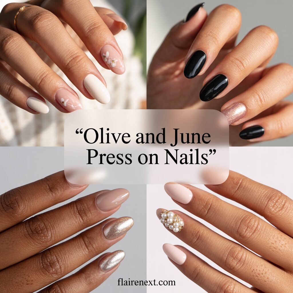 A variety of Olive and June press on nails in different designs and colors.